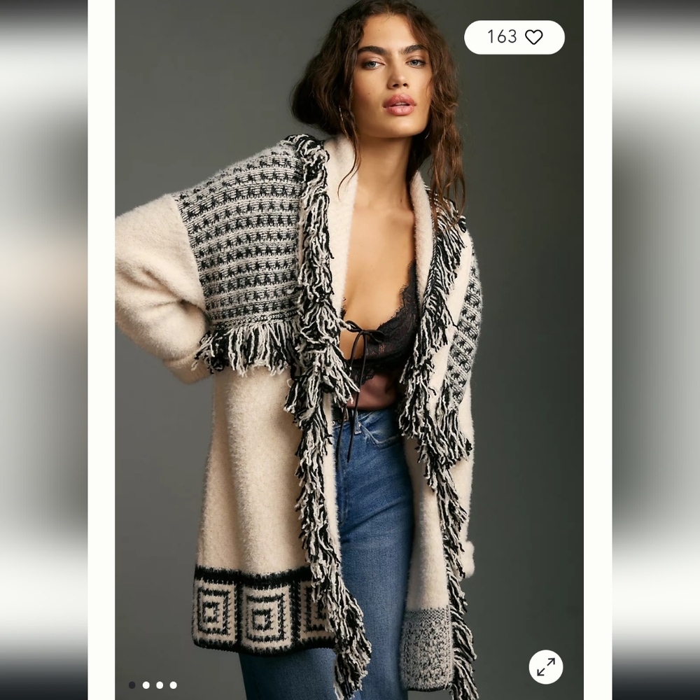 Anthropoligie Pilcro Fringe Cardigan Sweater Black And White/ Cream